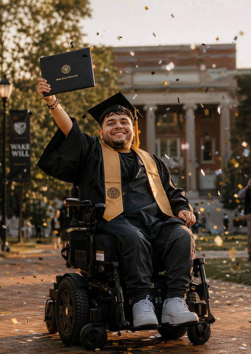 A young man in a power wheelchair in cap and gown, holding his diploma high as confetti falls
